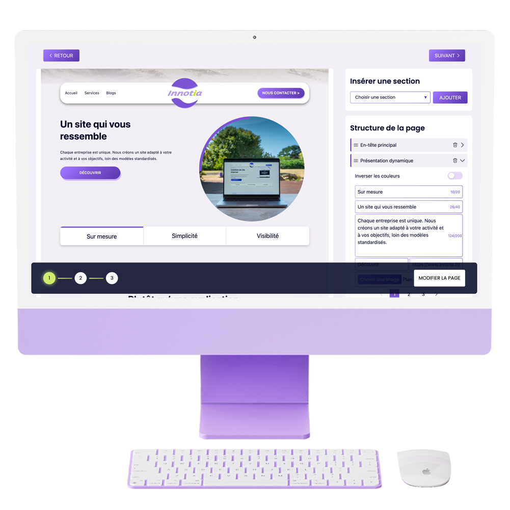 Éditeur de site web avec sections personnalisables dans Innotia Manager